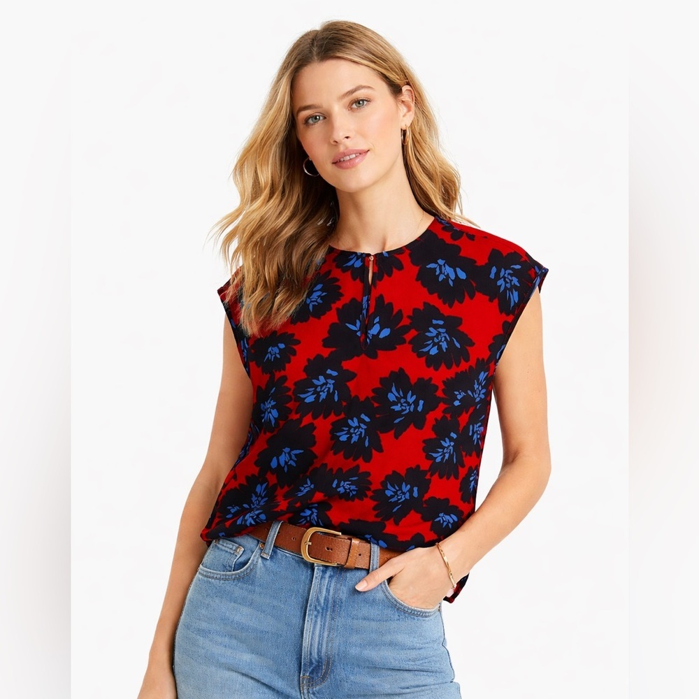 J.Crew Red Floral Blouse Cap Sleeve Keyhole Top Size 6 Preppy Office Classic